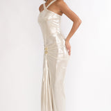 Delaina Ruched Waist Gold Accent Maxi Dress Pearl