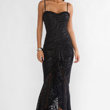 Everine Ruched Frill Trim Maxi Dress Black