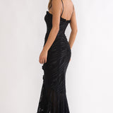 Everine Ruched Frill Trim Maxi Dress Black