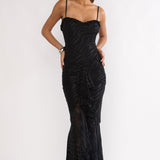 Everine Ruched Frill Trim Maxi Dress Black
