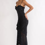Everine Ruched Frill Trim Maxi Dress Black