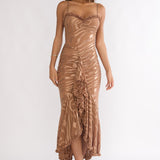 Everine Ruched Frill Trim Maxi Dress Mocha