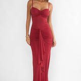 Lunara Ruched Cascade Sash Dress Wine