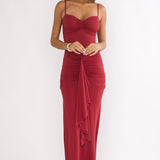 Lunara Ruched Cascade Sash Dress Wine