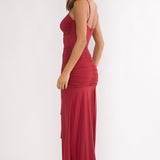 Lunara Ruched Cascade Sash Dress Wine