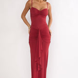 Lunara Ruched Cascade Sash Dress Wine
