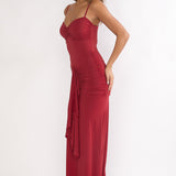 Lunara Ruched Cascade Sash Dress Wine
