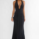 Brienna Halter Ruched Maxi Dress Black