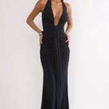 Brienna Halter Ruched Maxi Dress Black
