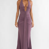 Brienna Halter Ruched Maxi Dress Mauve