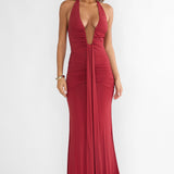 Brienna Halter Ruched Maxi Dress Wine