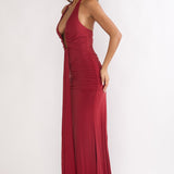 Brienna Halter Ruched Maxi Dress Wine