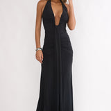 Brienna Halter Ruched Maxi Dress Black