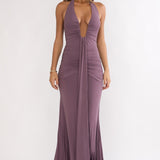 Brienna Halter Ruched Maxi Dress Mauve