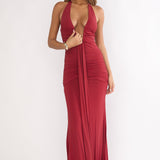 Brienna Halter Ruched Maxi Dress Wine