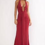 Brienna Halter Ruched Maxi Dress Wine