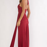 Brienna Halter Ruched Maxi Dress Wine