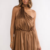 Aurora Eve One-Shoulder Mini Dress Brown