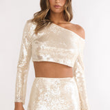 Crystalline Asymmetric Neckline Crop Top Sequin Champagne