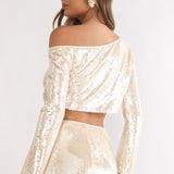 Crystalline Asymmetric Neckline Crop Top Sequin Champagne