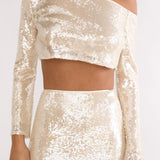 Crystalline Asymmetric Neckline Crop Top Sequin Champagne