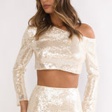 Crystalline Asymmetric Neckline Crop Top Sequin Champagne