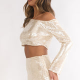 Crystalline Asymmetric Neckline Crop Top Sequin Champagne