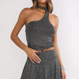 Vespera Asymmetric Hem Mini Skirt Silver Black