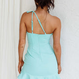 Over The Rainbow One-Shoulder Ruffle Trimmed Mini Dress Mint