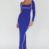 Sunny Coast Long Sleeve Piping Maxi Dress Blue