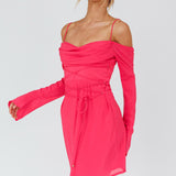 Teava Off-Shoulder Sleeve Laced Mini Dress Hot Pink