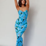Teava Laced Waist Midi Dress Abstract Blue Crush