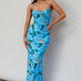 Teava Laced Waist Midi Dress Abstract Blue Crush