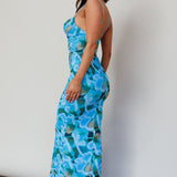 Teava Laced Waist Midi Dress Abstract Blue Crush