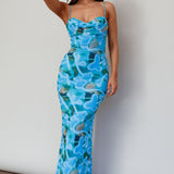 Teava Laced Waist Midi Dress Abstract Blue Crush