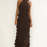 Kaelia Tiered Halter Maxi Dress Sparkle Brown