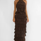 Kaelia Tiered Halter Maxi Dress Sparkle Brown