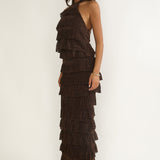 Kaelia Tiered Halter Maxi Dress Sparkle Brown