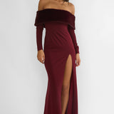 Noella Off-Shoulder Fur Trim Maxi Dress Wine