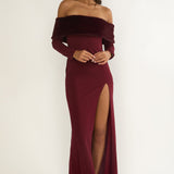 Noella Off-Shoulder Fur Trim Maxi Dress Wine