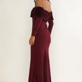 Noella Off-Shoulder Fur Trim Maxi Dress Wine