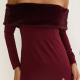 Noella Off-Shoulder Fur Trim Maxi Dress Wine