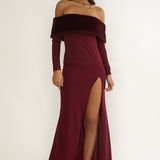 Noella Off-Shoulder Fur Trim Maxi Dress Wine