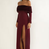 Noella Off-Shoulder Fur Trim Maxi Dress Wine