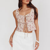 Evelynn Floral Front Tied Top Beige