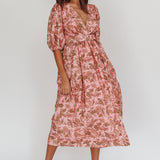 Doris Floral Puff Sleeve Midi Wrap Dress Blush