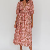 Doris Floral Puff Sleeve Midi Wrap Dress Blush