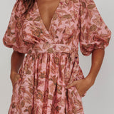 Doris Floral Puff Sleeve Midi Wrap Dress Blush