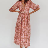 Doris Floral Puff Sleeve Midi Wrap Dress Blush