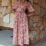 Doris Floral Puff Sleeve Midi Wrap Dress Blush